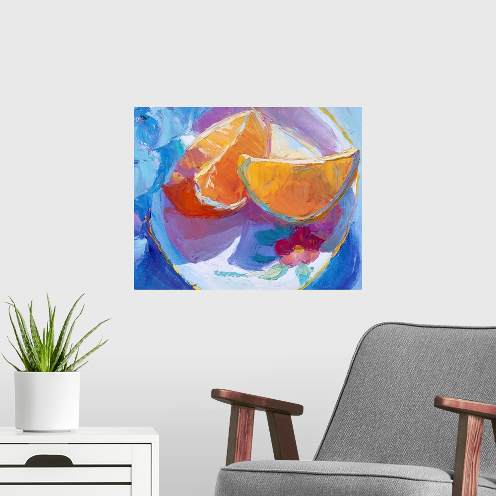 A modern room featuring A contemporary painting of orange slices sitting on a plate.