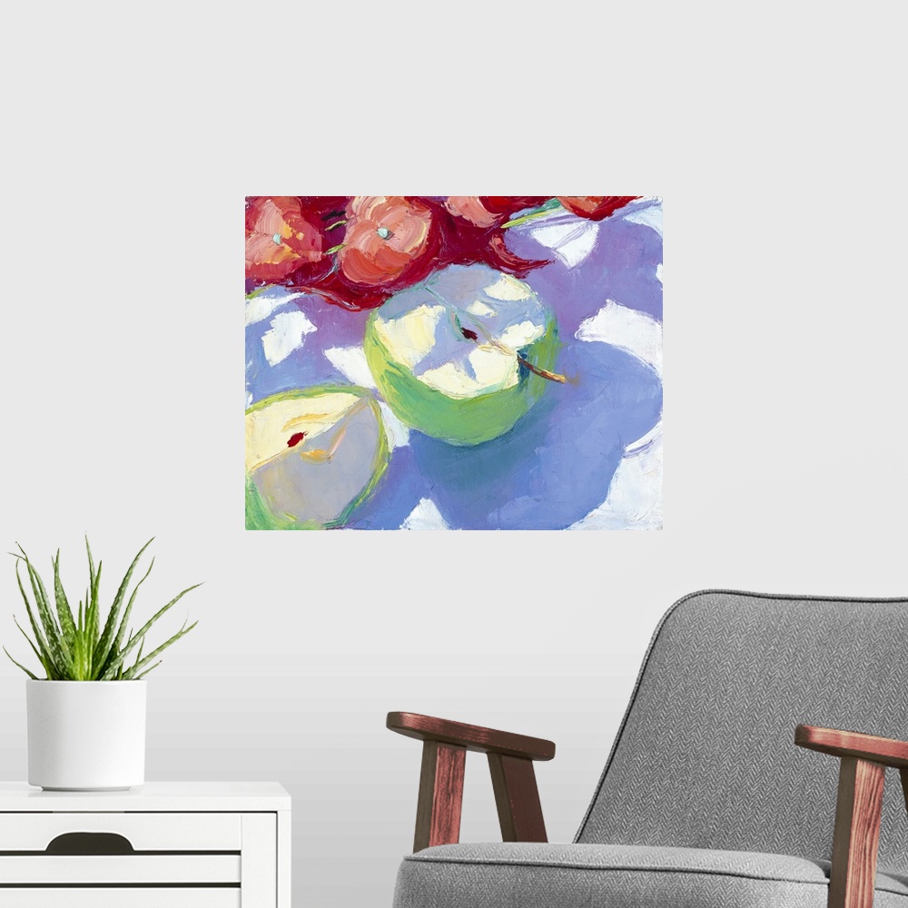 A modern room featuring A contemporary painting of apple  slices sitting on a plate.