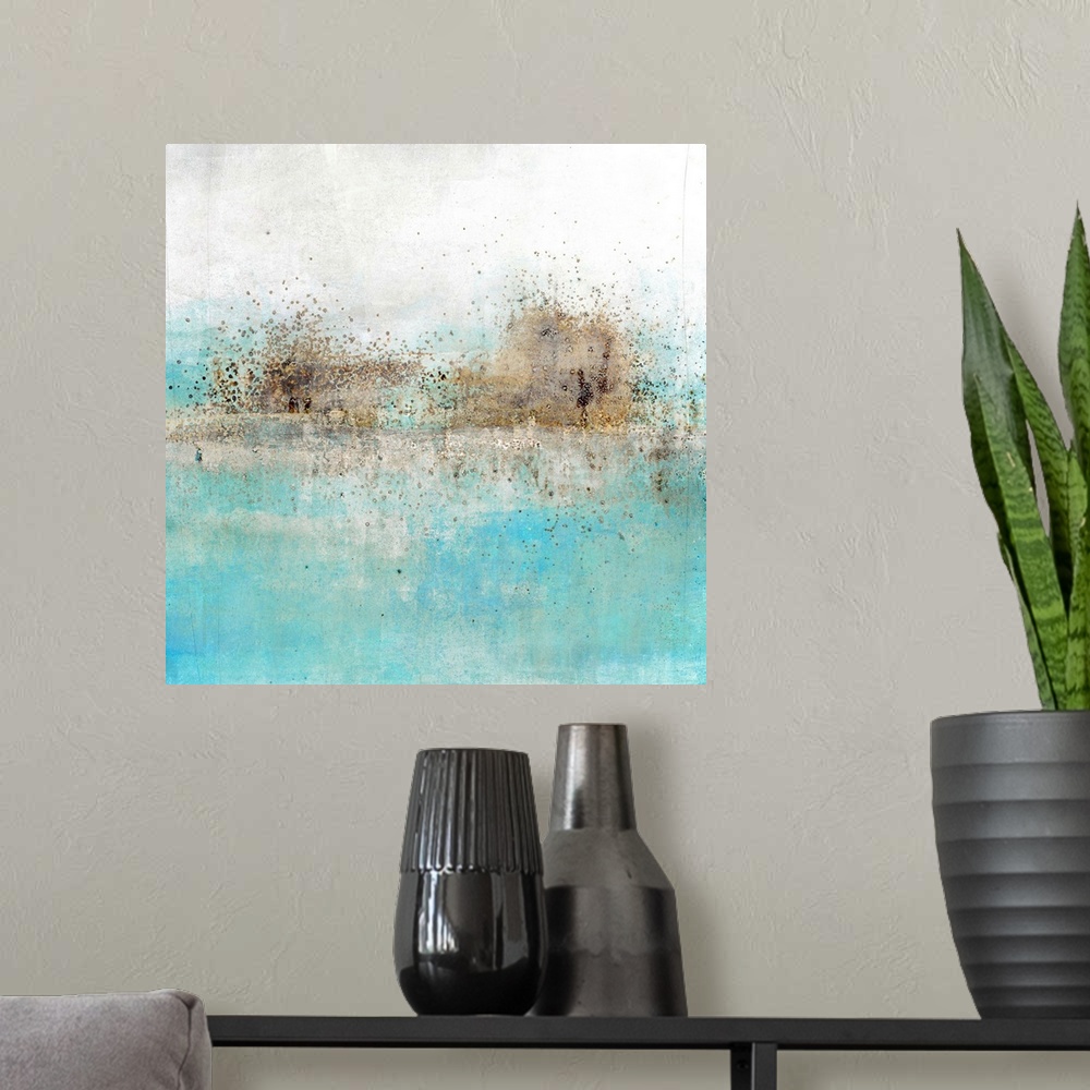 A modern room featuring Square abstract painting with a brown  paint splattered horizon line with light blue and grey hue...