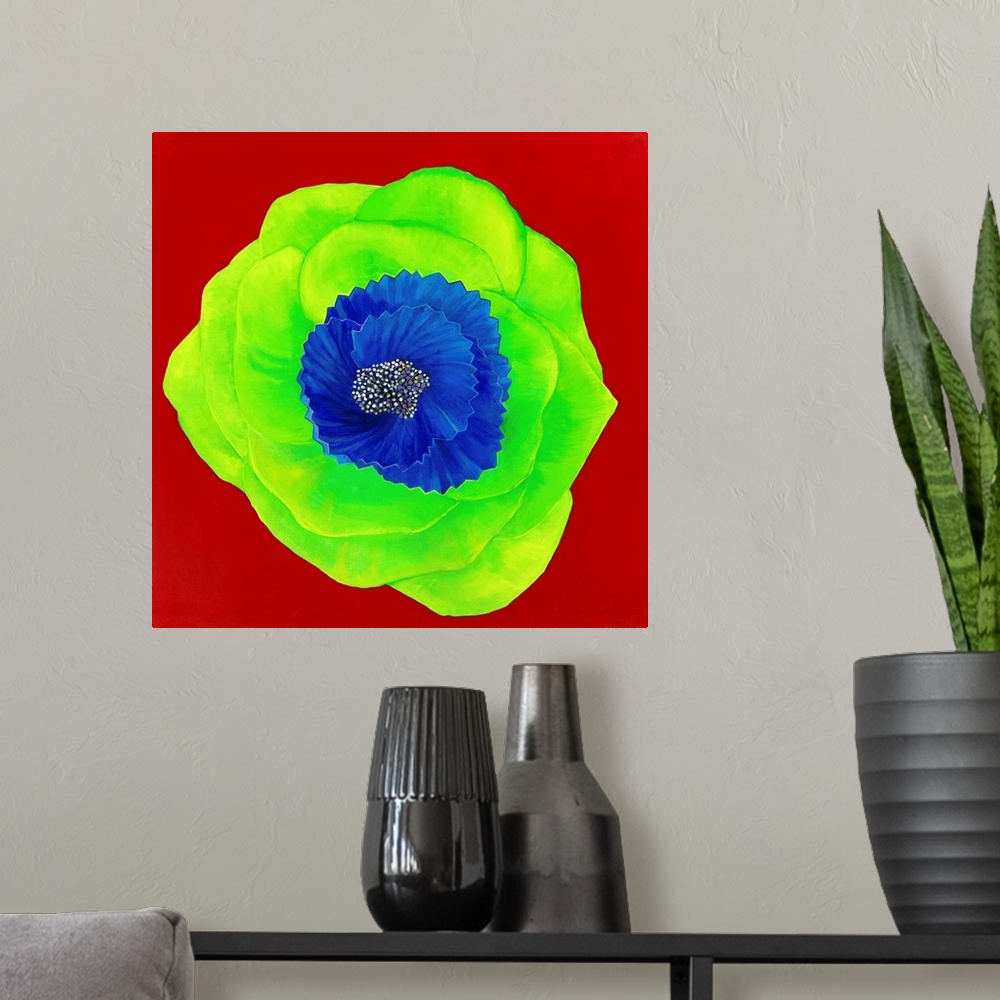 A modern room featuring Painting of a vibrant green flower on deep red.