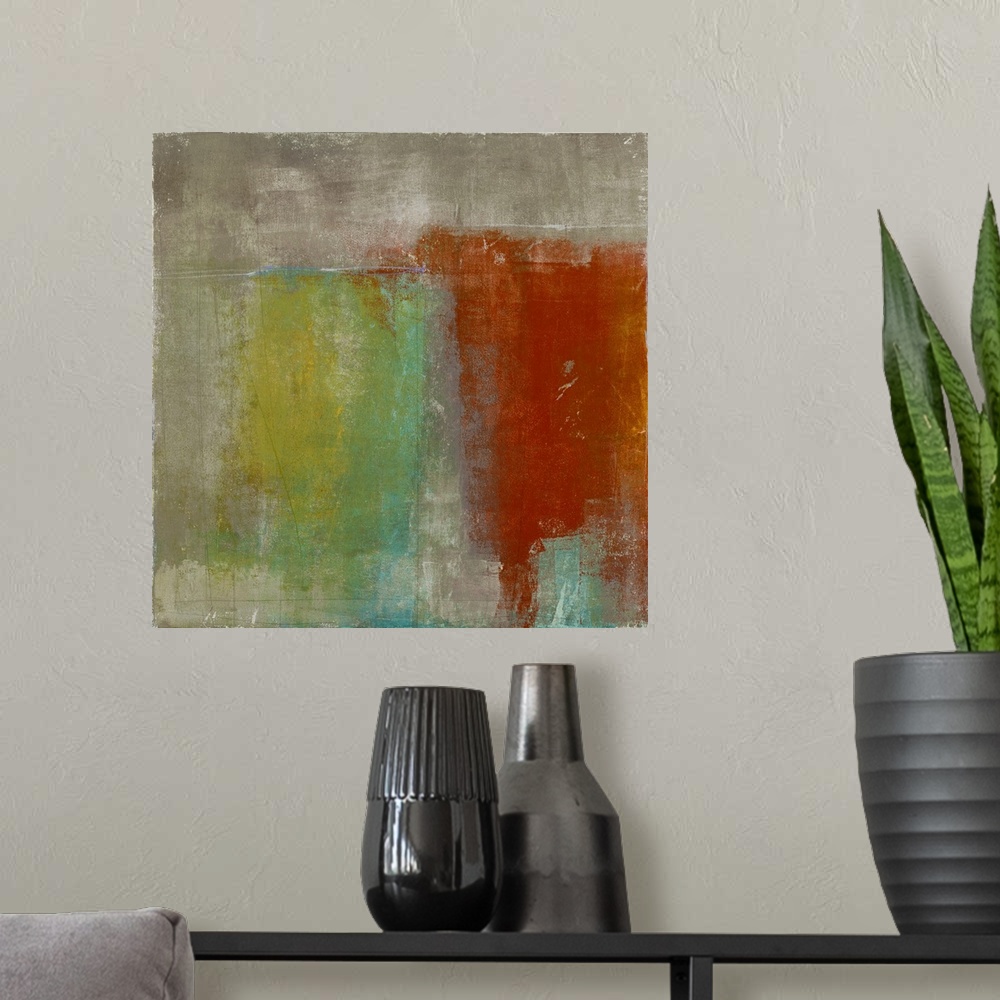 A modern room featuring Square abstract painting with a dark beige background and thick vertical yellow, green, blue, red...