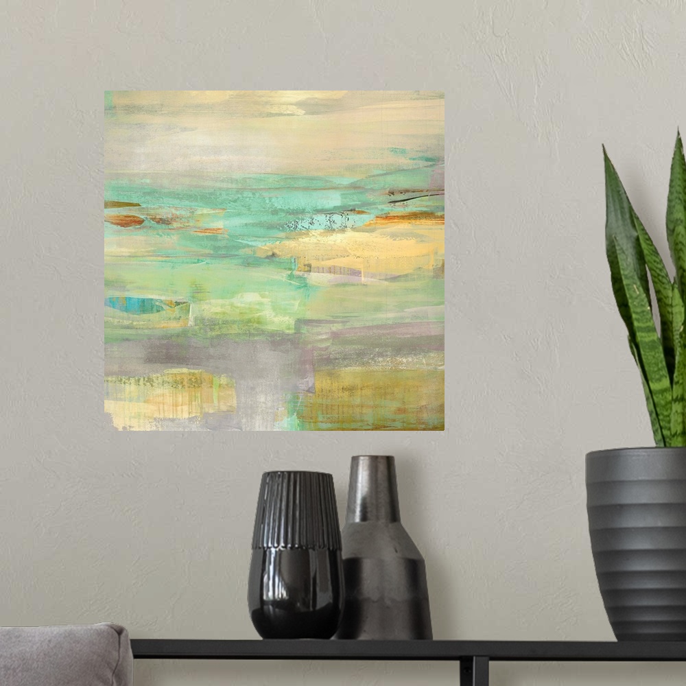 A modern room featuring Square abstract painting layered with green, blue, purple, yellow, and orange hues.