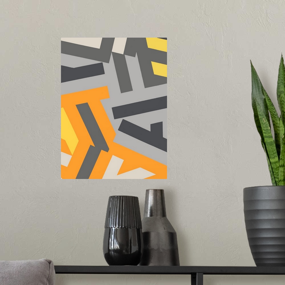 A modern room featuring Large abstract painting created with orange, yellow, and grey geometric shapes fitting together l...