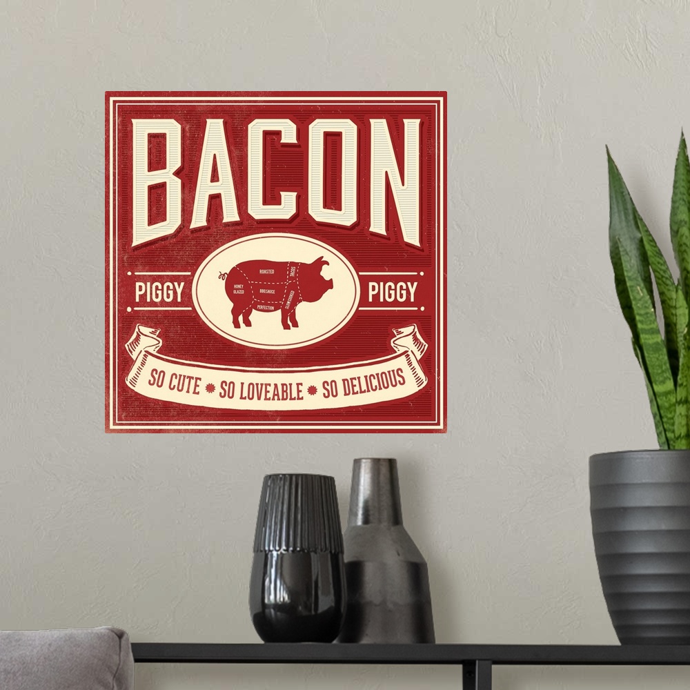 A modern room featuring Contemporary and humorous bacon themed artwork.