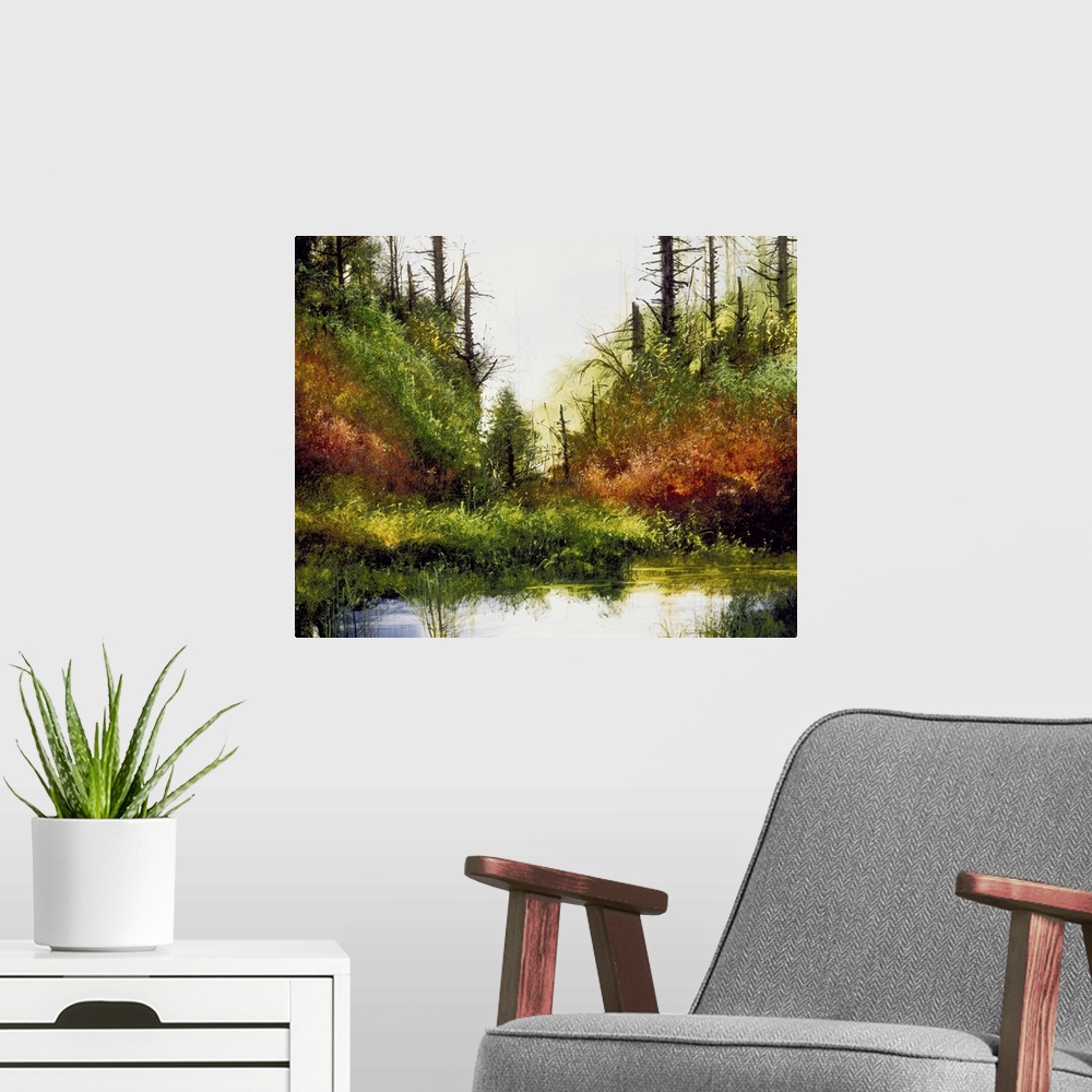 A modern room featuring Contemporary painting of a pine tree forest with a small pond in the foreground.