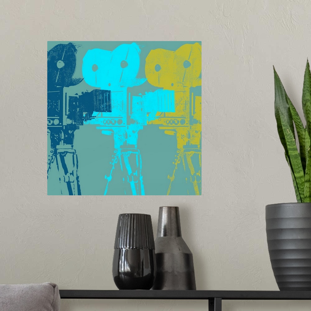 A modern room featuring Contemporary painting of three colorful vintage camera silhouettes overlapping each other.