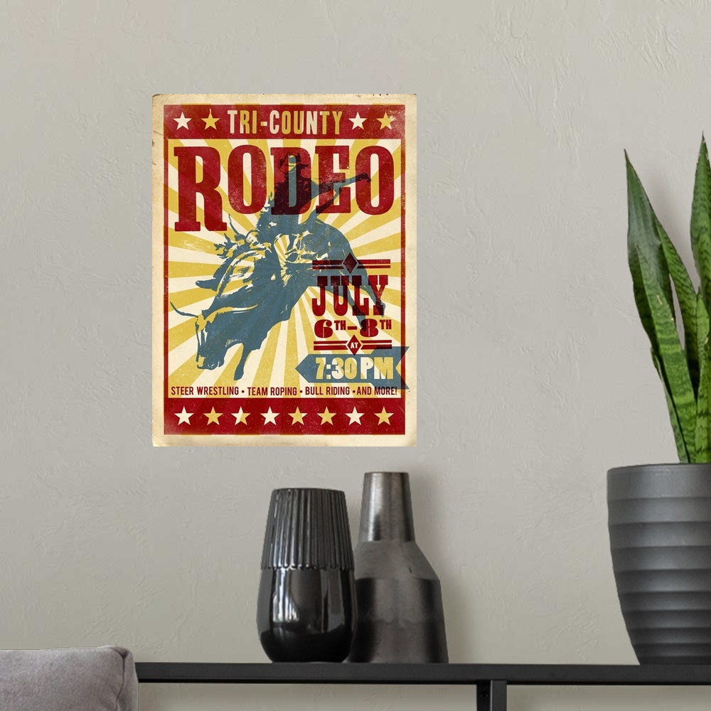 A modern room featuring Retro mid-century stylized rodeo poster artwork.