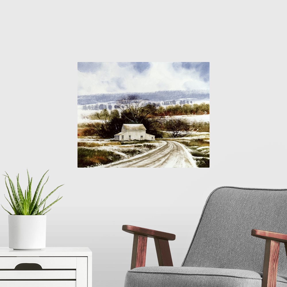 A modern room featuring Contemporary painting of a snow covered road leading to a white barn  on the countryside.