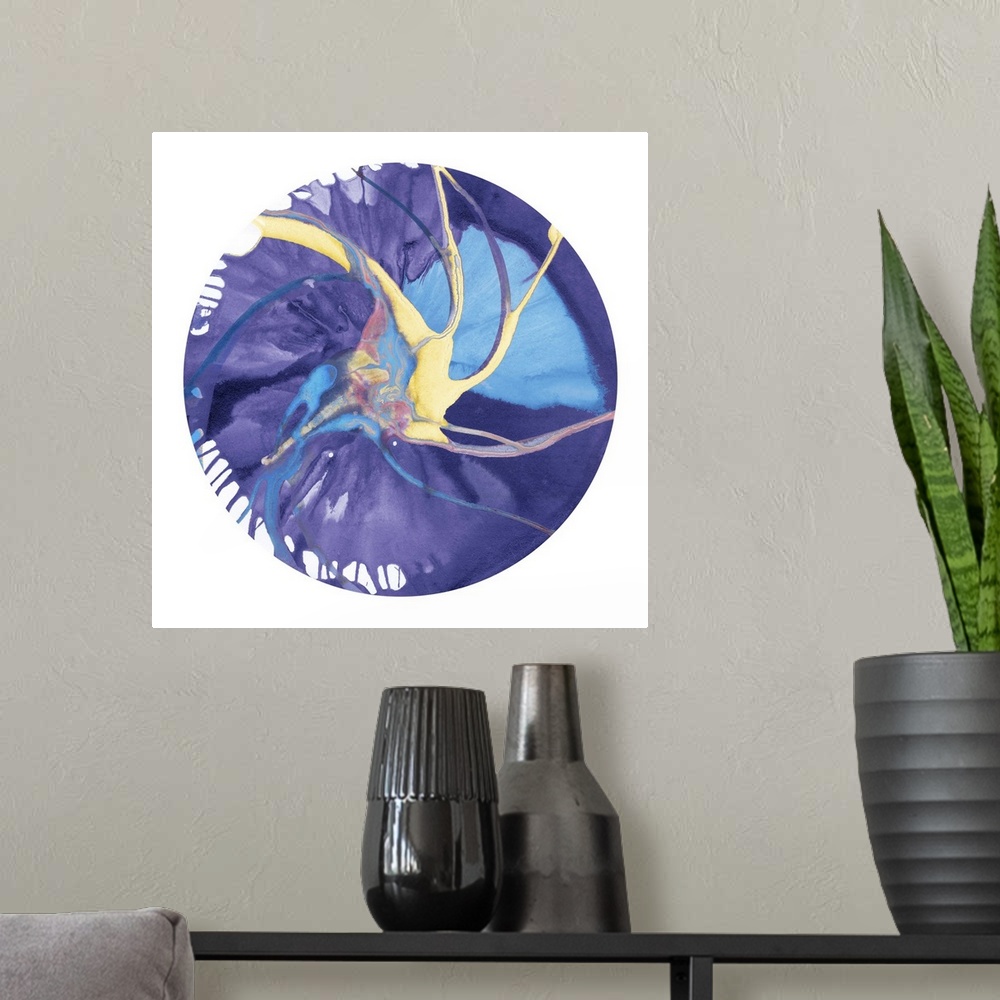 A modern room featuring Square abstract spiral spin art inside a circle on white background in shades of purple, blue, ye...