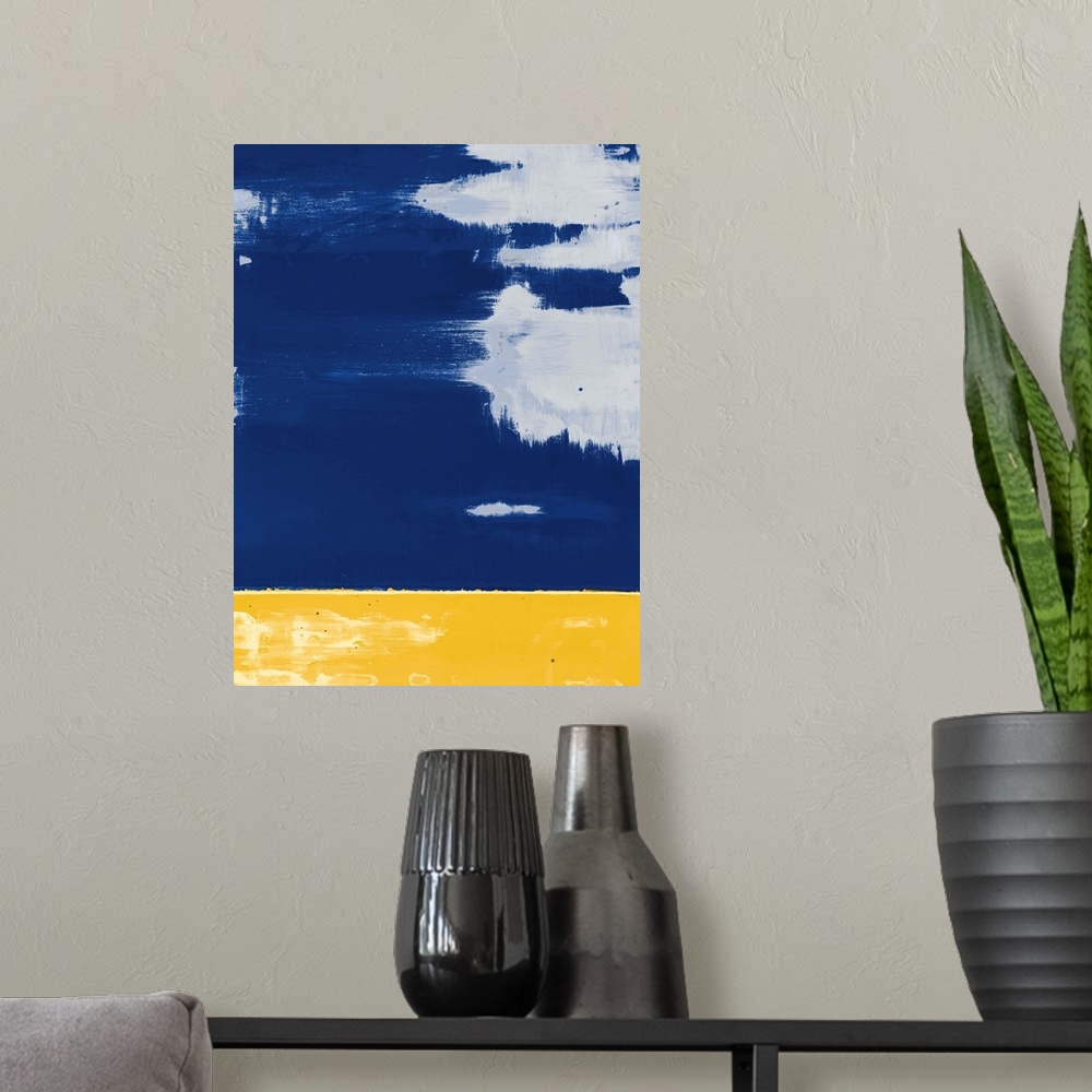 A modern room featuring Contemporary asymmetrical abstract painting with a sectioned yellow bottom and a blue top with gr...