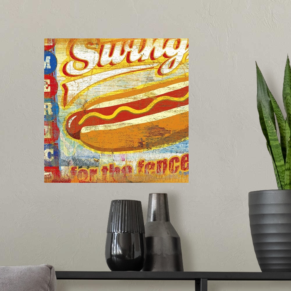 A modern room featuring Vintage poster of a cartoon like hot dog with faded text surrounding it.