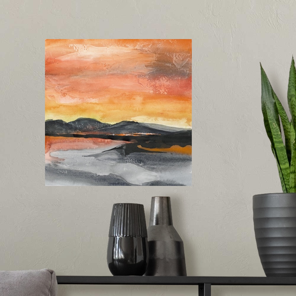 A modern room featuring Square abstract painting of a mountainous landscape in New Mexico with a fiery red and orange sky.