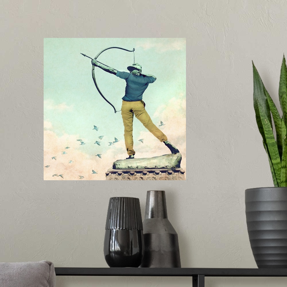 A modern room featuring Humorous illustration of a statue shooting a bow and arrow dressed up in clothes.