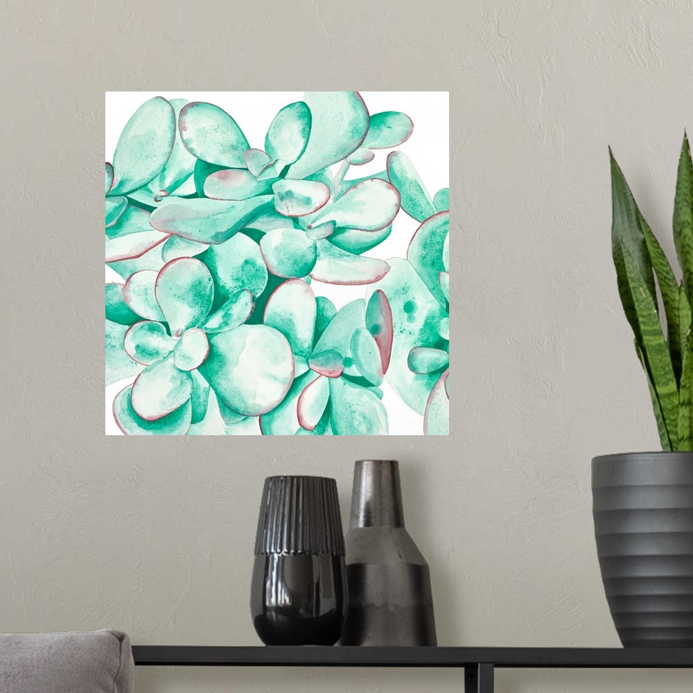 A modern room featuring Watercolor painting of a close up succulent in turquoise.