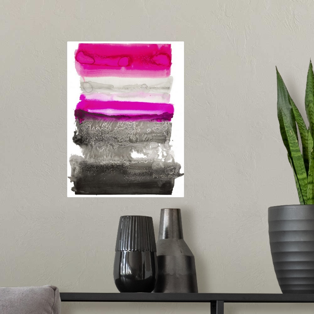 A modern room featuring Bright pink, grey, and black watercolor painting created in layered horizontal sections on a whit...