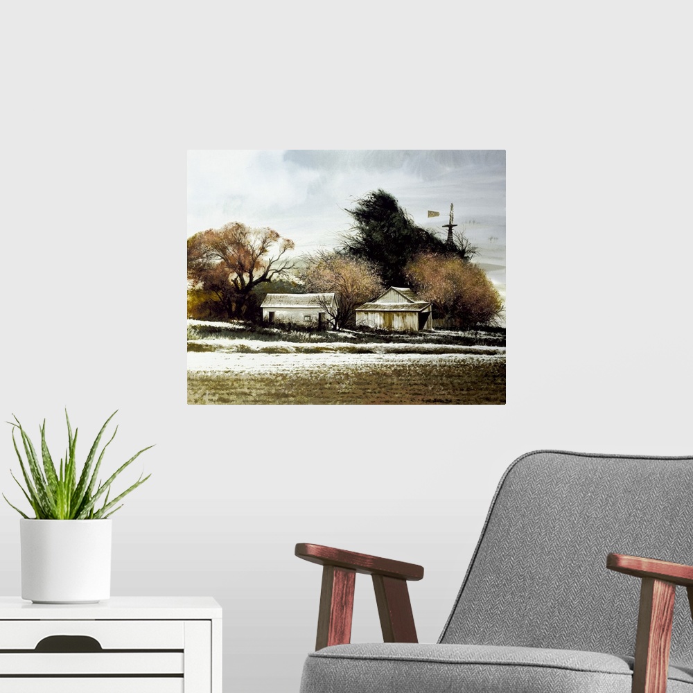 A modern room featuring Contemporary painting of a rural landscape with white barns and a snow covered field.