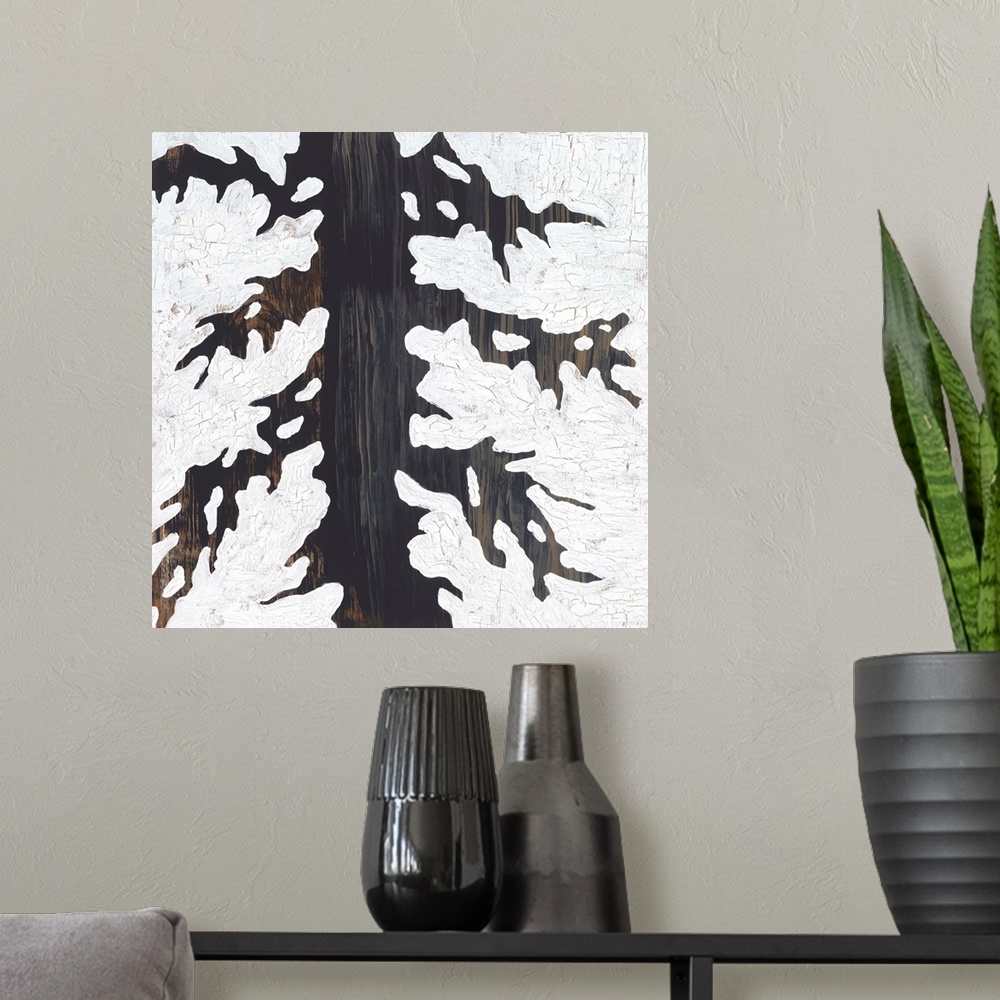 A modern room featuring A contemporary abstract painting using wood tones in the formation of a tree with spindly branche...