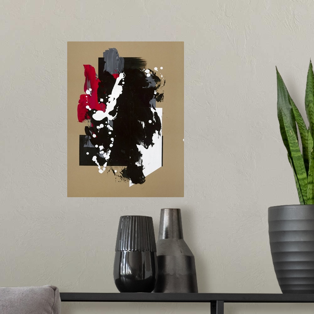 A modern room featuring Large abstract painting in beige, black, white, red, and grey.