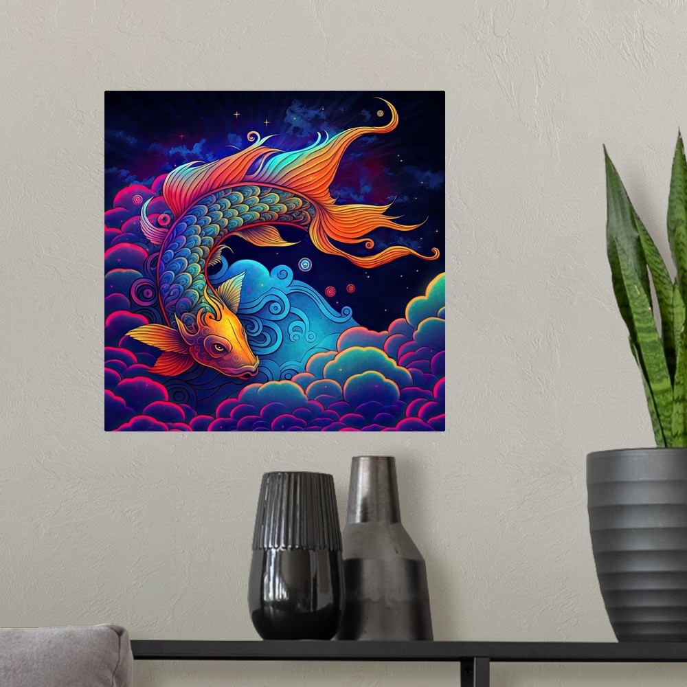 A modern room featuring Clouded Koi Fish I