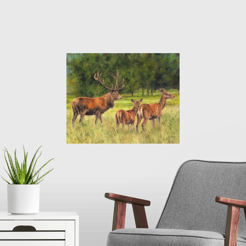 A modern room featuring Red Deer Family, originally oil on canvas