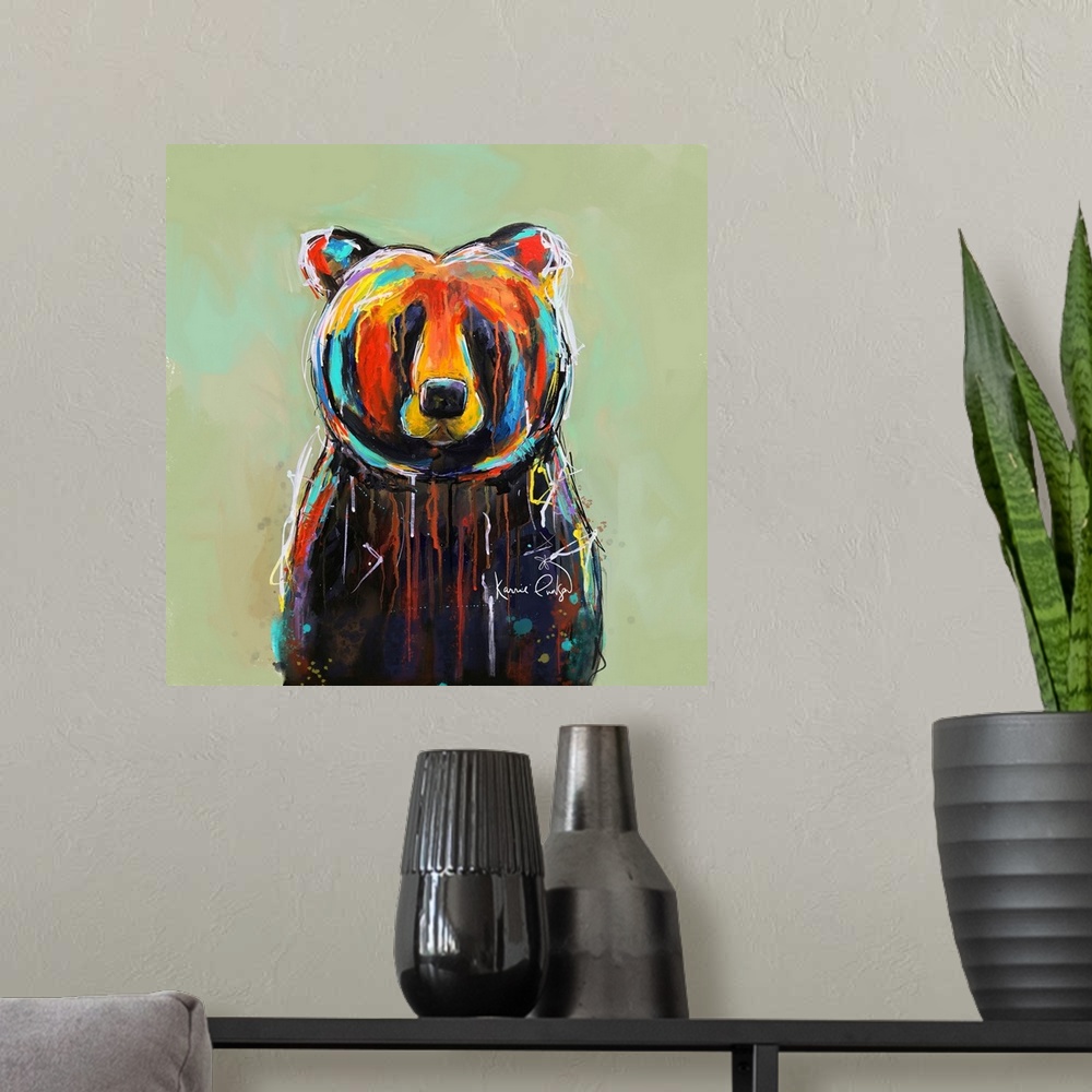 A modern room featuring A contemporary painting of a colorful bear with accents shades of yellow, red and blue.