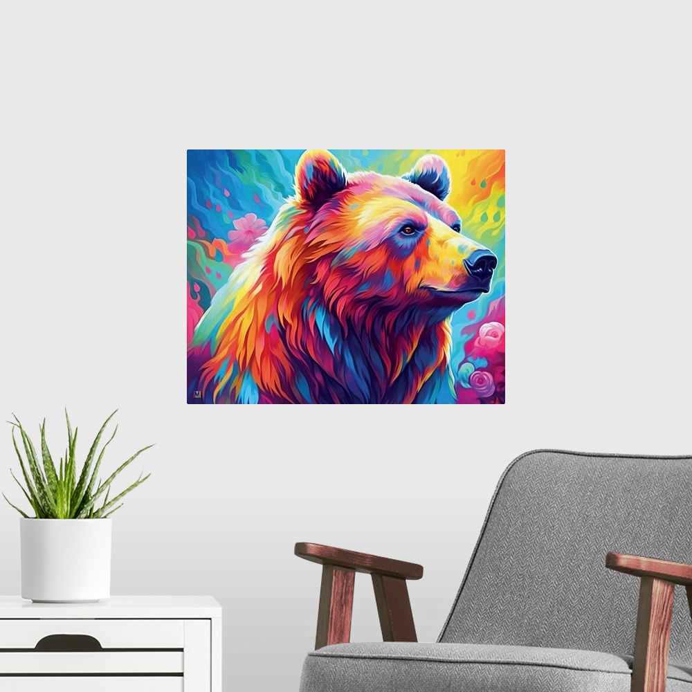 A modern room featuring Rainbow Bear