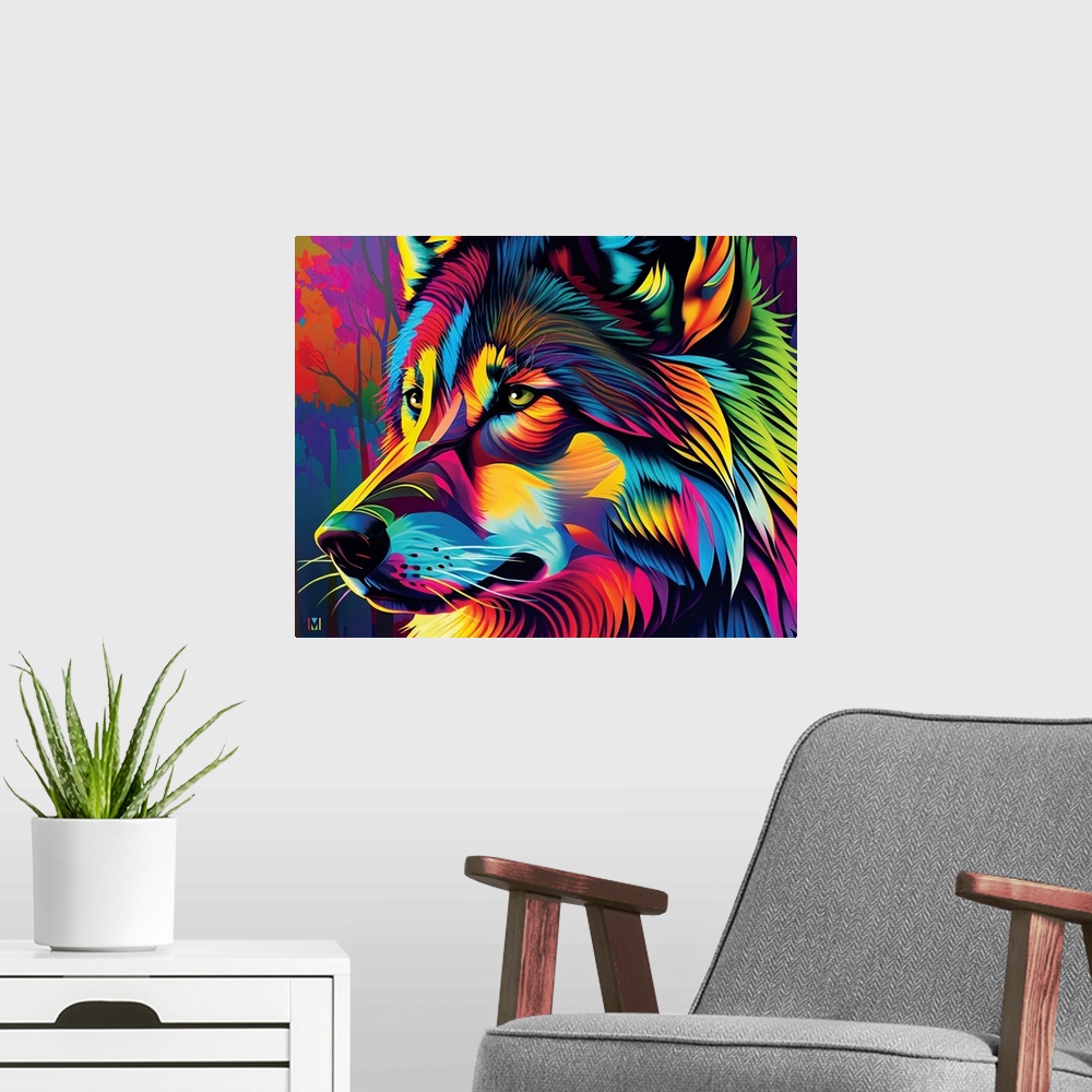 A modern room featuring Rainbow Wolf