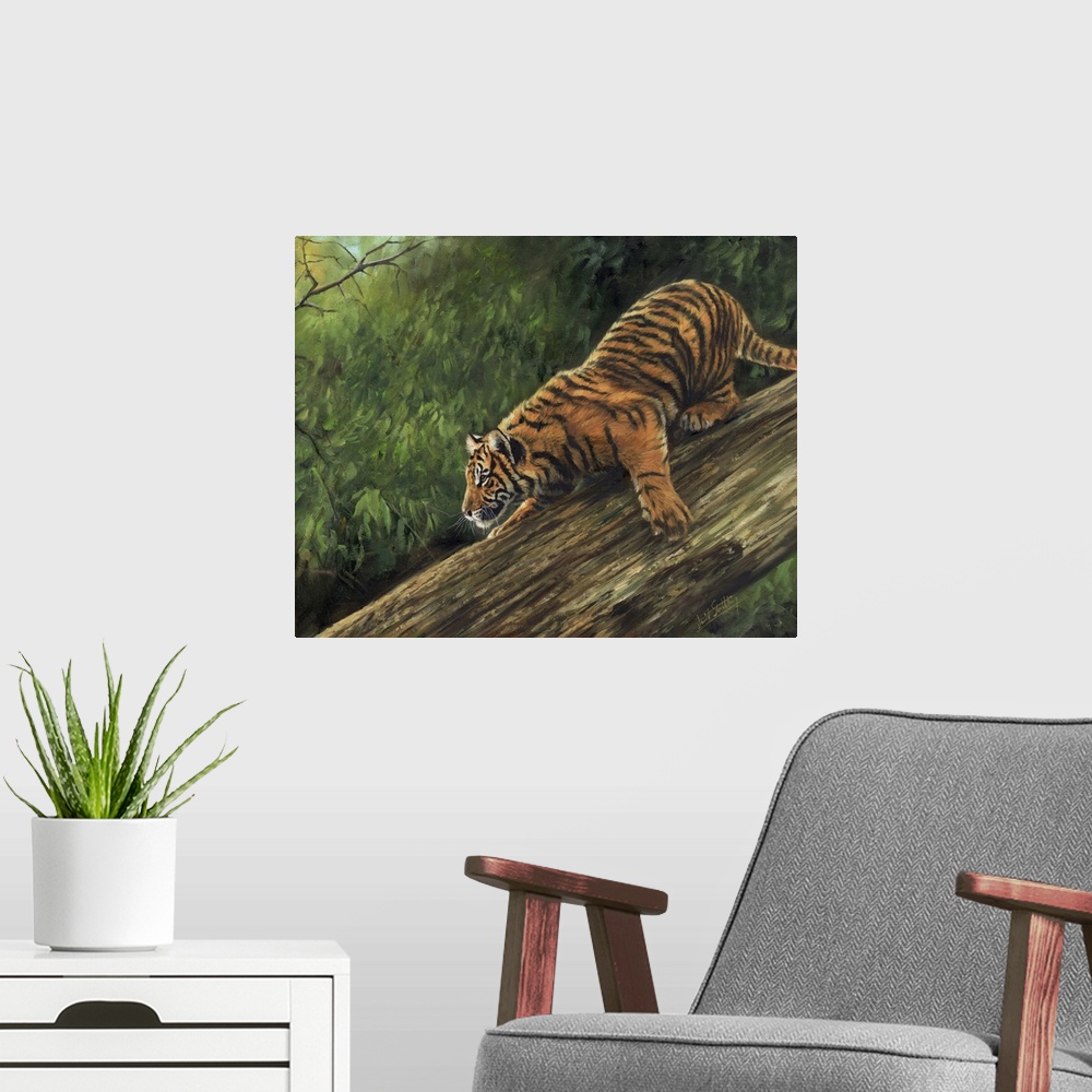 A modern room featuring Originally an oil painting on canvas depicting an Amur Tiger descending a tree trunk.