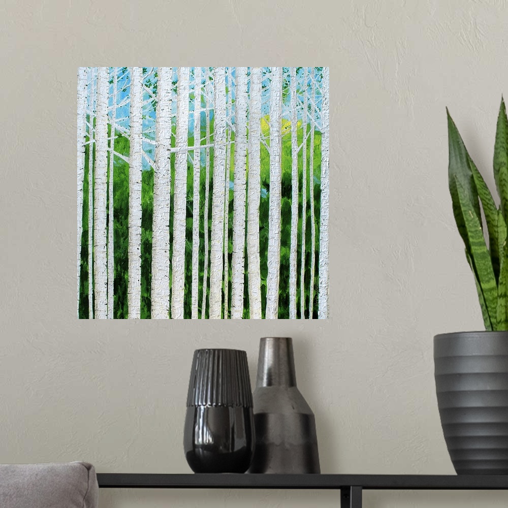 A modern room featuring Square painting of textured Birch tree trunks and branches with a green and blue background.