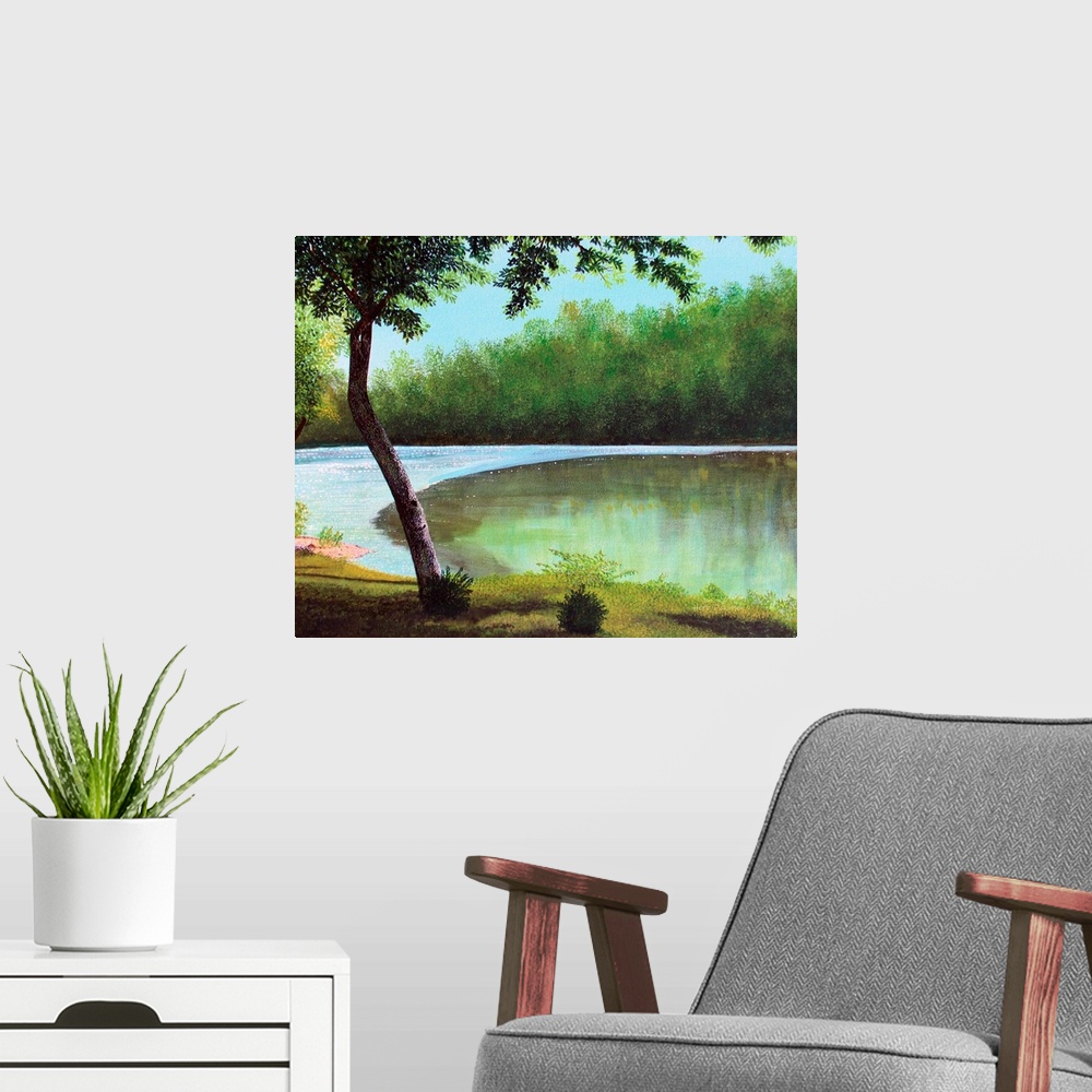 A modern room featuring Landscape painting of a riverside with lush greenery.