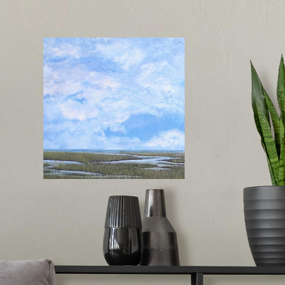 A modern room featuring From the original painting inspired by the coastal waterways of South Carolina.