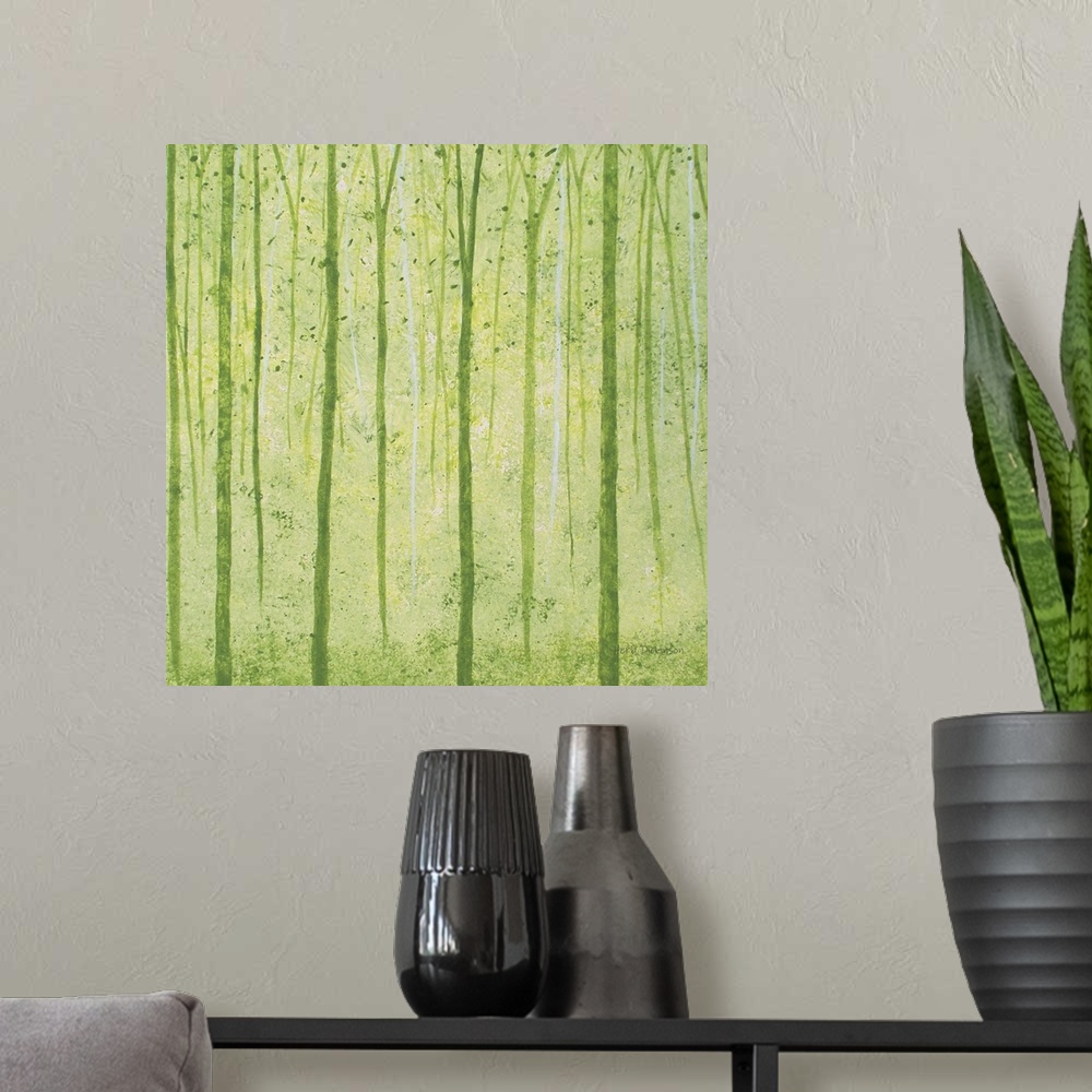 A modern room featuring Abstract landscape of tall, skinny tree trunks and falling leaves in shades of green.
