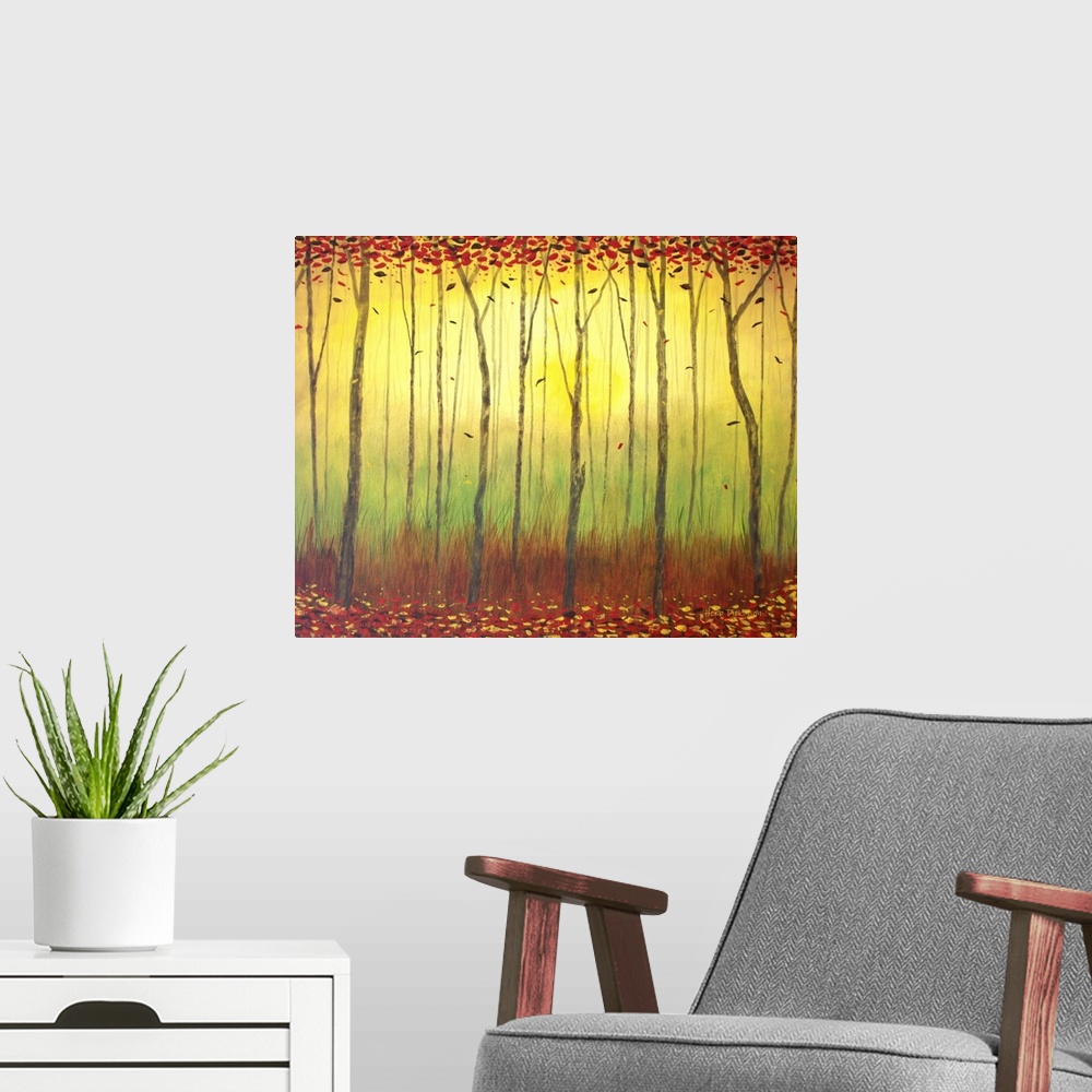 A modern room featuring Contemporary painting of an Autumn forest with leaves falling from tall, skinny trees, with yello...