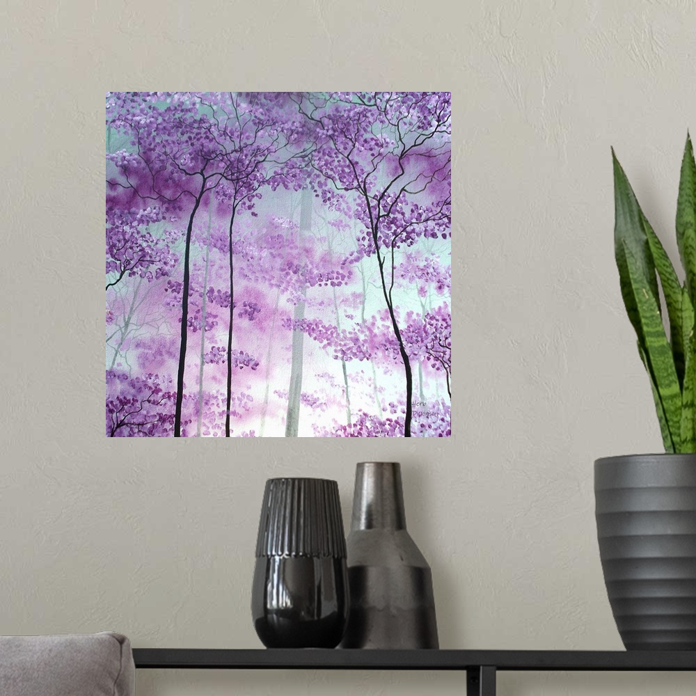 A modern room featuring Representing the beauty of a misty morning forest. This painting will bring a peaceful tranquilit...