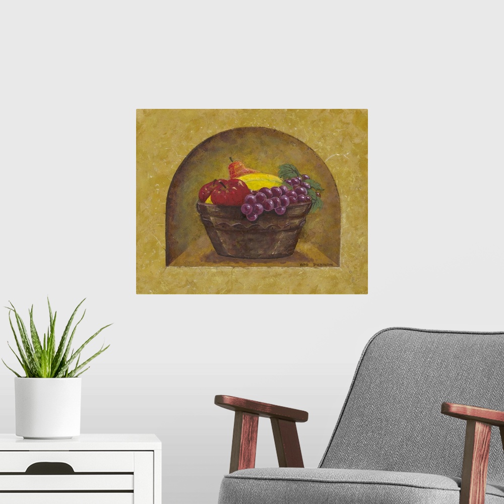 A modern room featuring Old world style painting of a bowl of fruit.