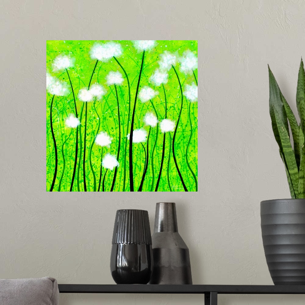 A modern room featuring Fuzzy white flowers on a bright green square background.