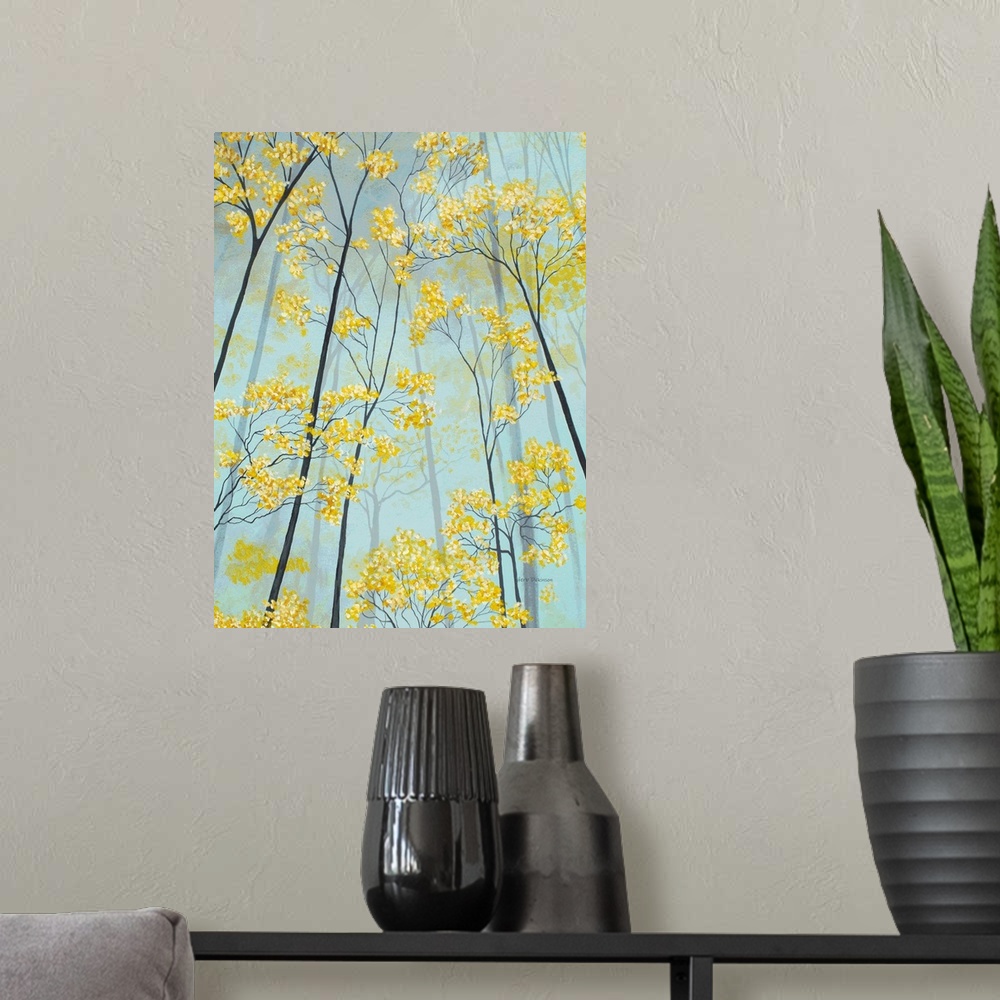 A modern room featuring Vertical painting of golden tree tops.