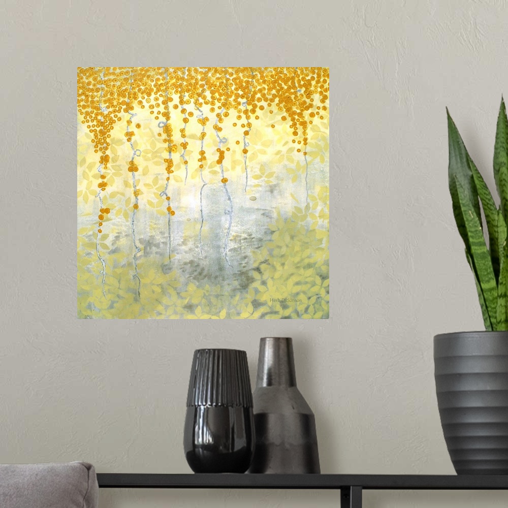 A modern room featuring Impressionist abstract of vines and plants in shades of yellow and gray.