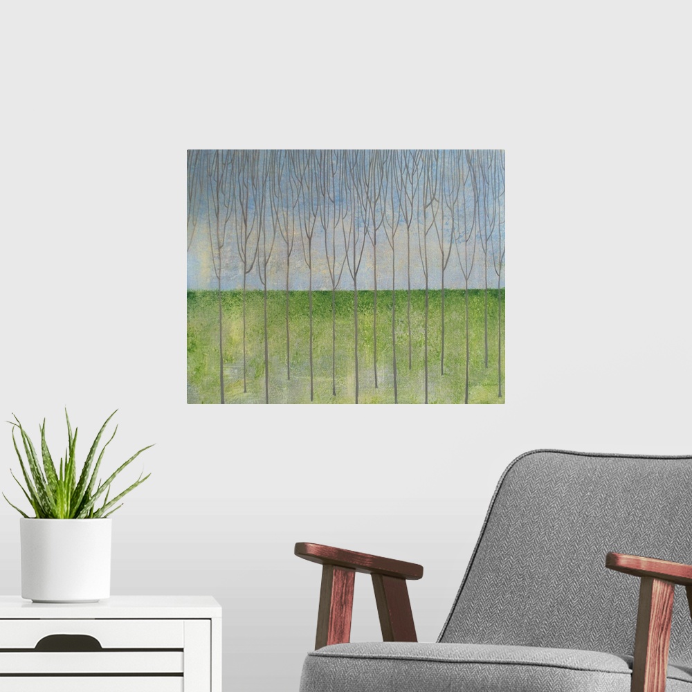 A modern room featuring Minimalist abstract landscape with thin bare trees and green grass.