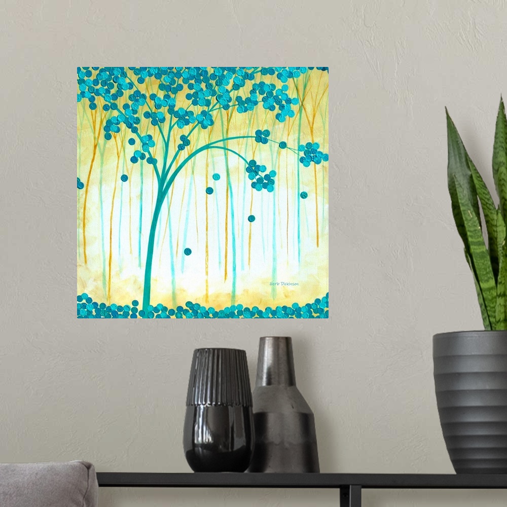 A modern room featuring Contemporary square painting of blue and gold trees with blue circular leaves.