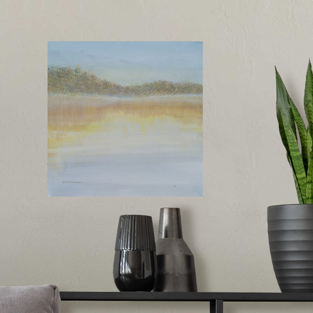 A modern room featuring Abstract painting of a lake and reflections in the early morning on a square background.