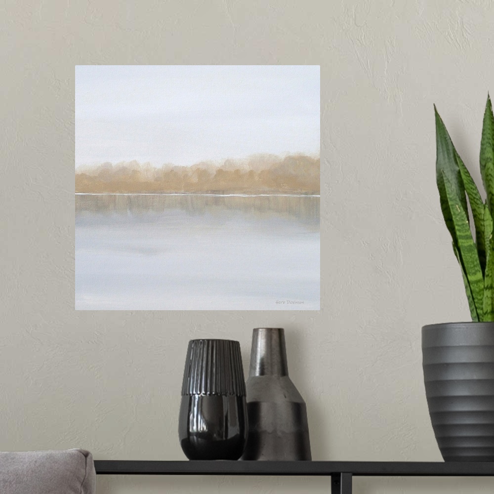 A modern room featuring Neutral colored landscape with a foggy lake on a square background.