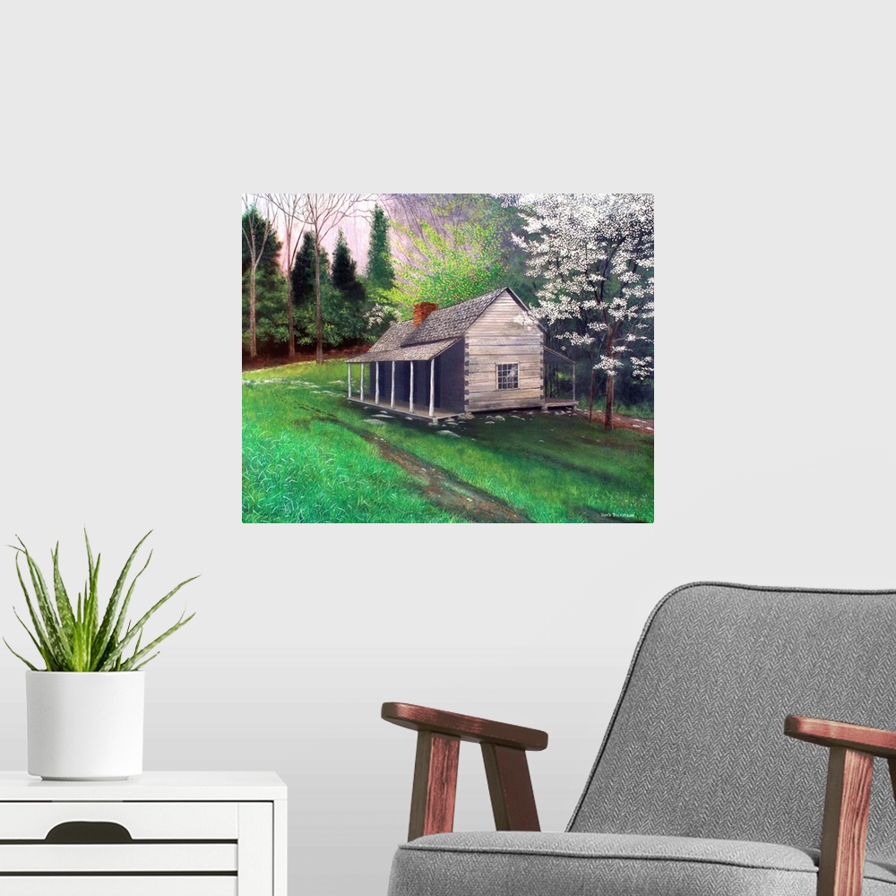 A modern room featuring Contemporary painting of an old cabin is in the park area at Gatlinburg, Tennessee.