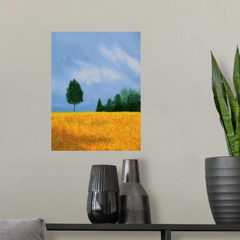 A modern room featuring Vertical landscape painting with a golden field in the foreground and trees in the background.