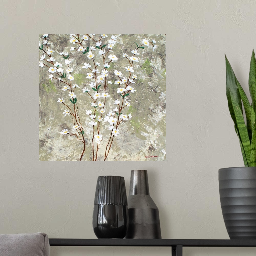 A modern room featuring Contemporary painting of thin branches with white pear blossom flowers running vertically up the ...
