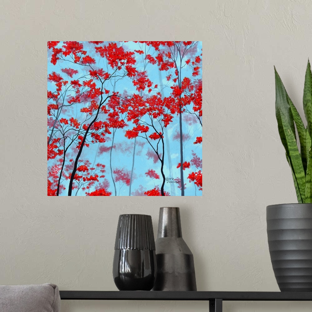 A modern room featuring Painting of bright red Autumn trees on a light blue square background.