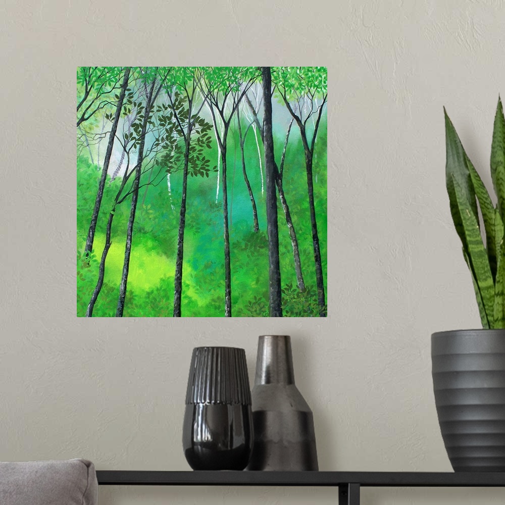 A modern room featuring Landscape painting of trees inside Sherwood forest in shades of green with hints of blue.
