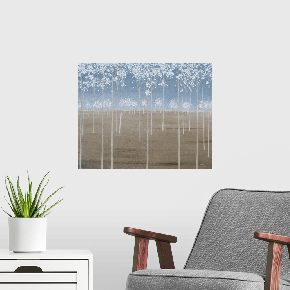 A modern room featuring Minimalist painting of tall Spring trees with white blossoms.