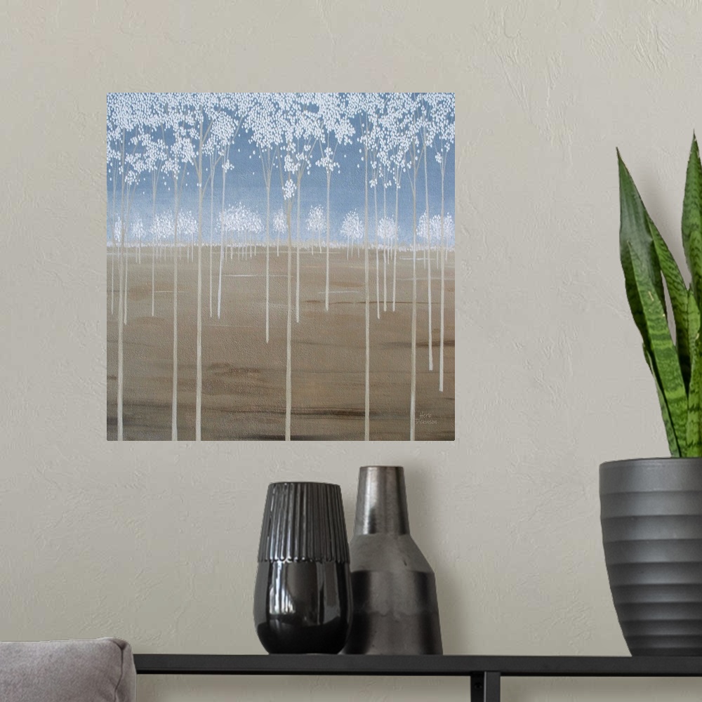 A modern room featuring Square painting of thin beige trees with small, white, circular blossoms on the branches on a bro...
