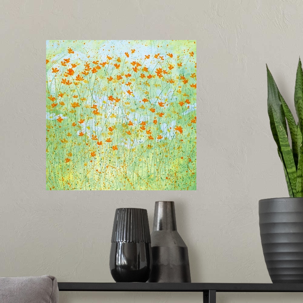 A modern room featuring Spring garden with wild orange and yellow flowers on a light green and blue background with hints...